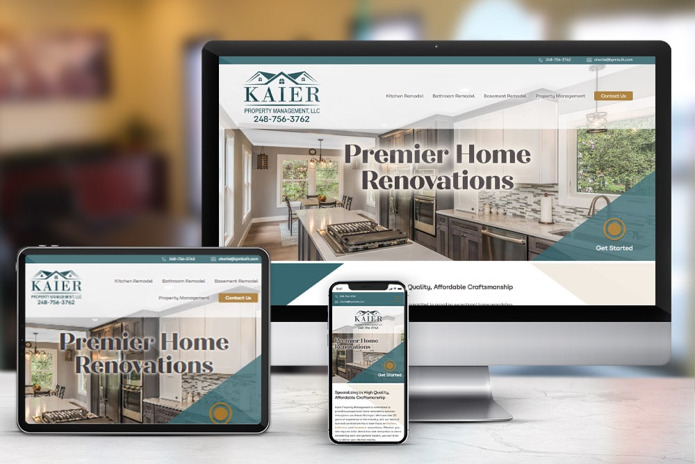Responsive display of the 'KMP Built' website, created by CPS.