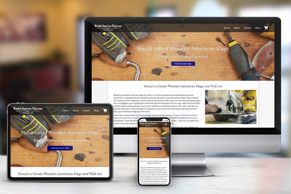 Responsive display of the 'Wooden American Flags' website, constructed by CPS.